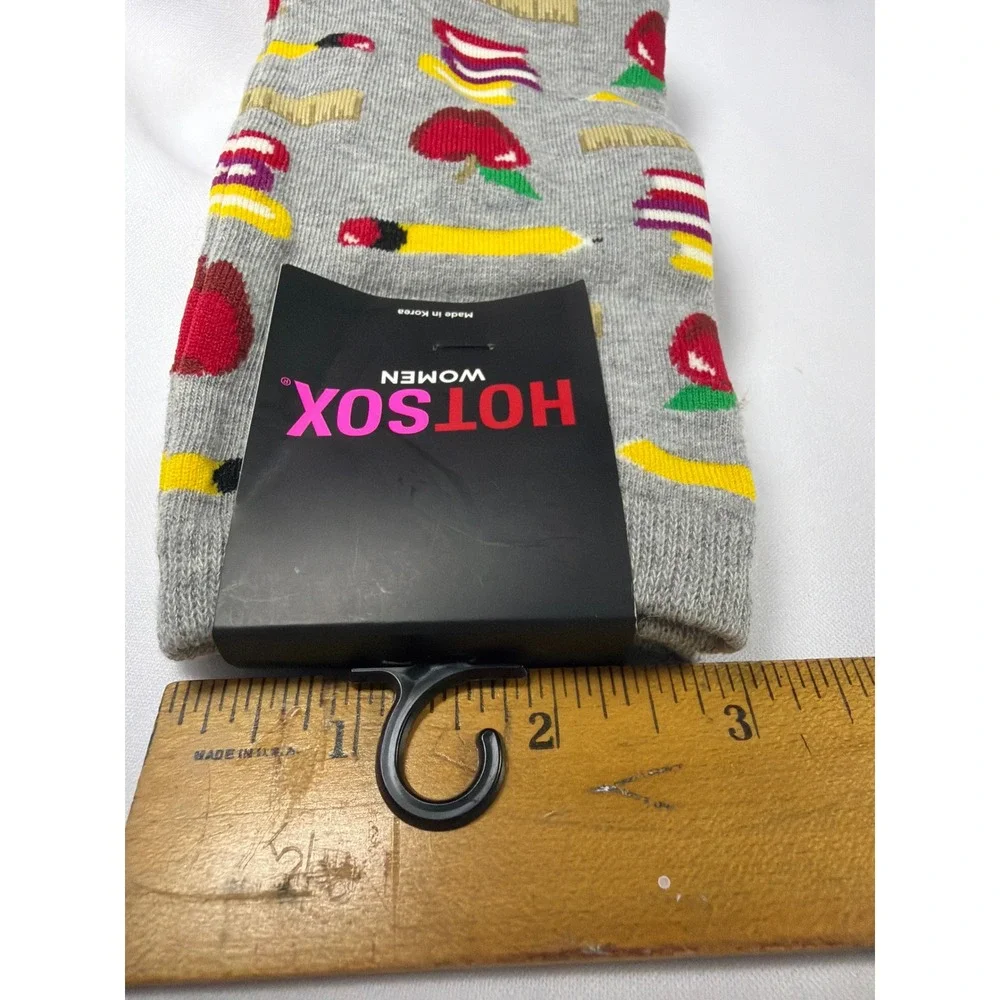 Hot Sox Back to School Novelty Crew Socks Womens 9-11 Gray Apple Pencil Teacher